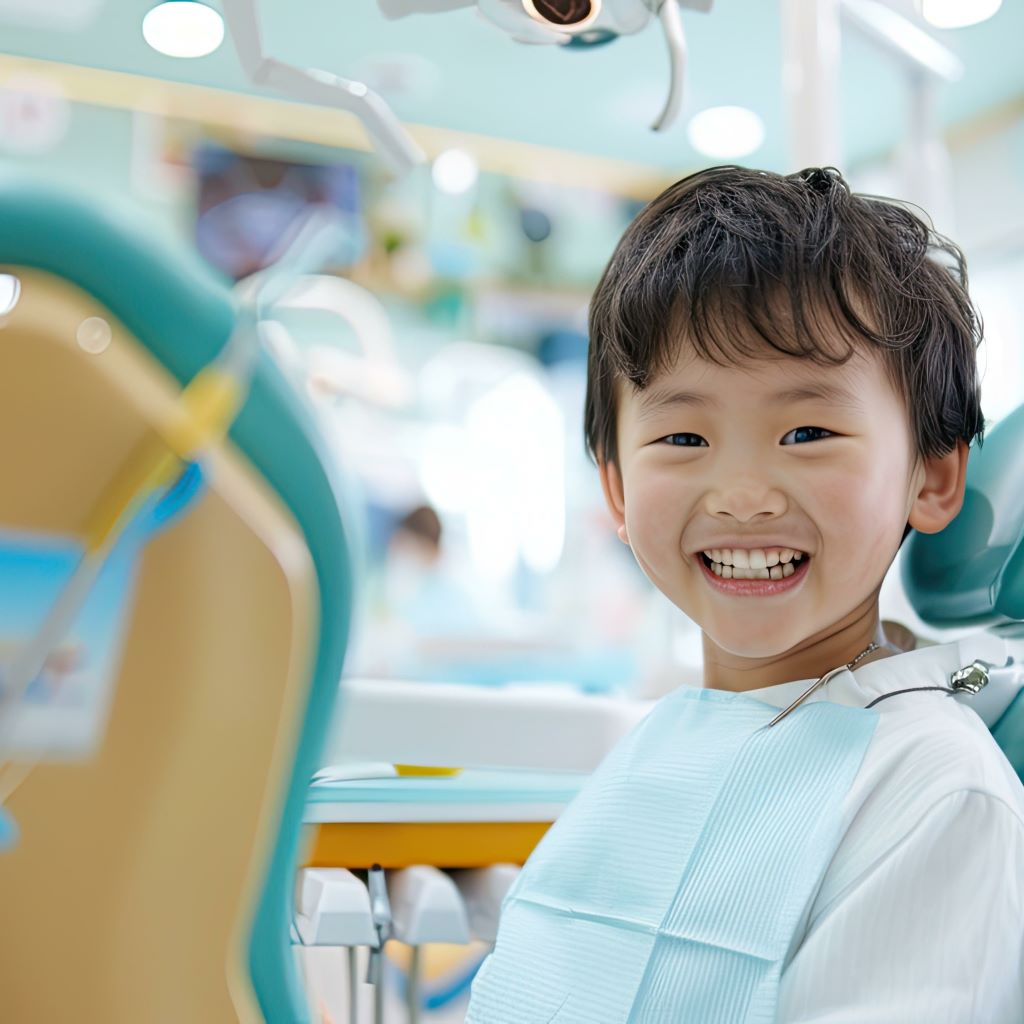 A child sitting in a dental chair wearing a dental bib, with dental equipment visible in the background.